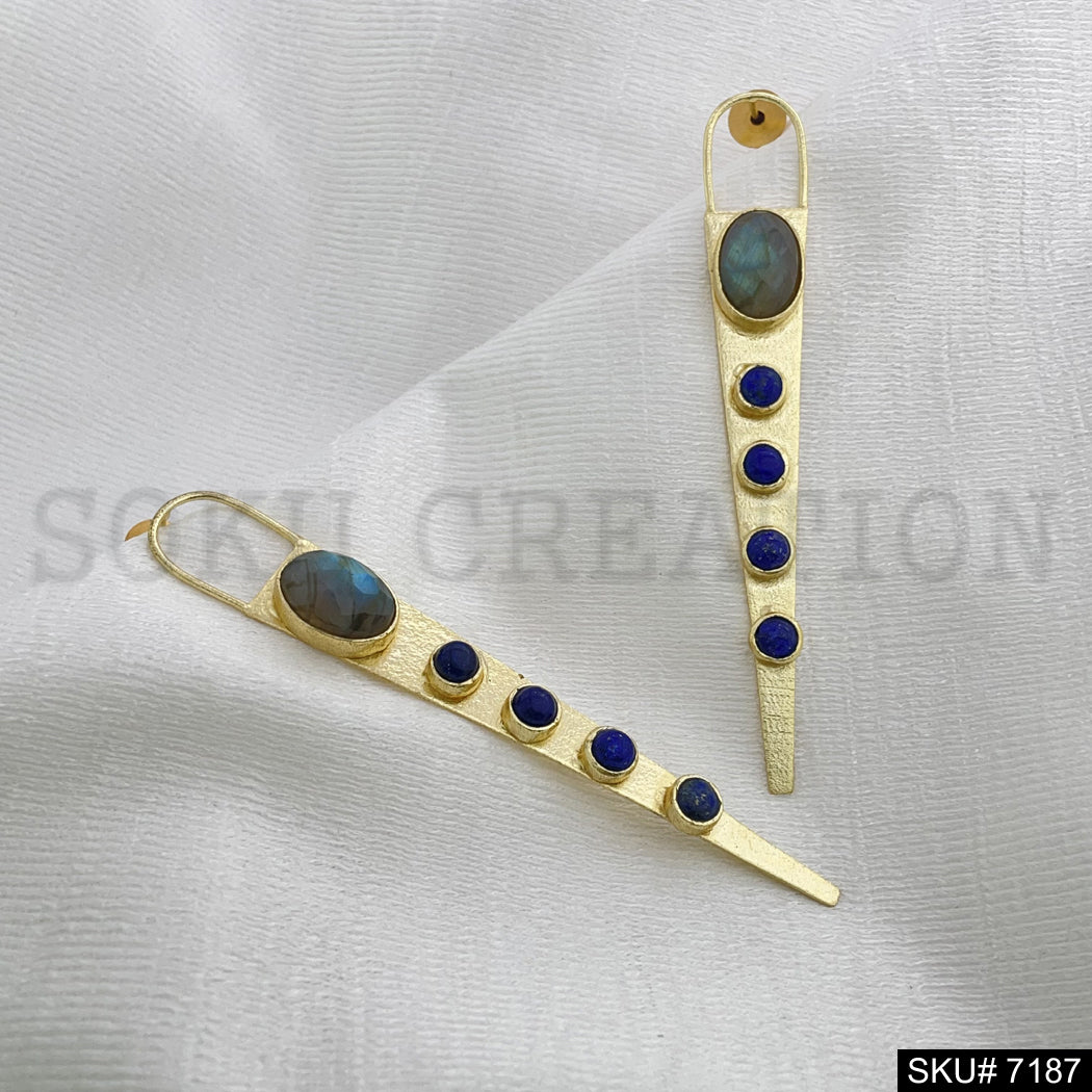 Gold Plated Statement Labra and Blue stone Handmade Long Stud Earring SKU7187