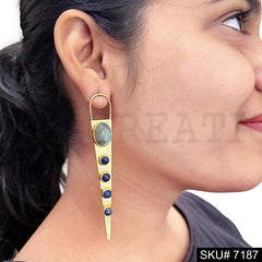 Gold Plated Statement Labra and Blue stone Handmade Long Stud Earring SKU7187