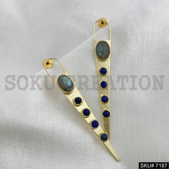 Gold Plated Statement Labra and Blue stone Handmade Long Stud Earring SKU7187