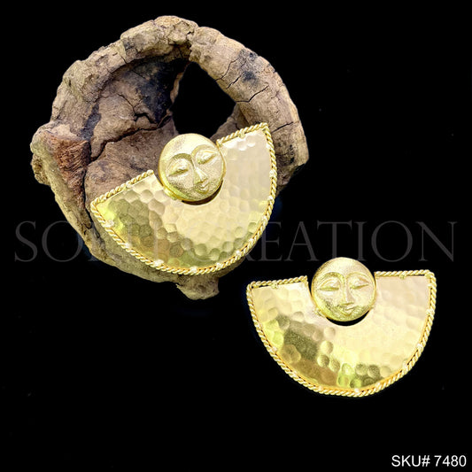 Hammered Gold plated Handmade Goddess Face Design Big Stud Earring SKU7480