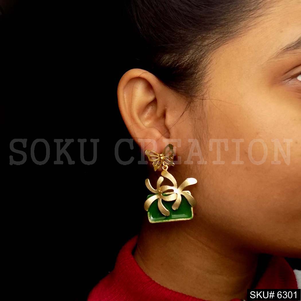 Gold plated Green Enamel Flower Butterfly Drop & Dangle Earrings SKU6301