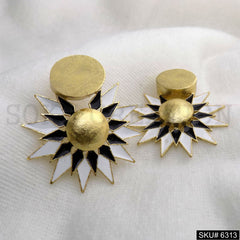 Gold plated Black and White Enamel Star Flower Drop & Dangle Earrings SKU6313