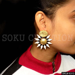 Gold plated Black and White Enamel Star Flower Drop & Dangle Earrings SKU6313