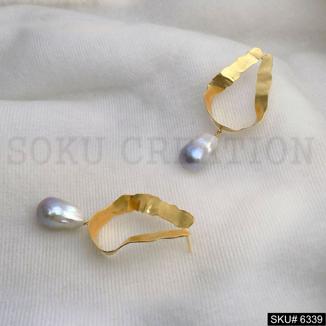 Gold plated Hammered Drop with Pearl Handmade Big Stud Earrings SKU6339