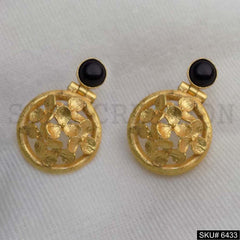 Gold plated Statement Black Stone Gold Flower Drop and Dangle Earrings SKU6433