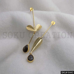 Gold plated Unique Thread Black Gemstone With Leaves Style Drop and Dangle Earrings SKU6443
