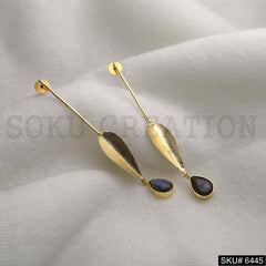 Gold plated Unique Thread Black Gemstone With Leaves Style Drop and Dangle Earrings SKU6445