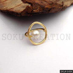 Gold Plated Plain Single Pearl Adjustable Handmade Ring SKU6494