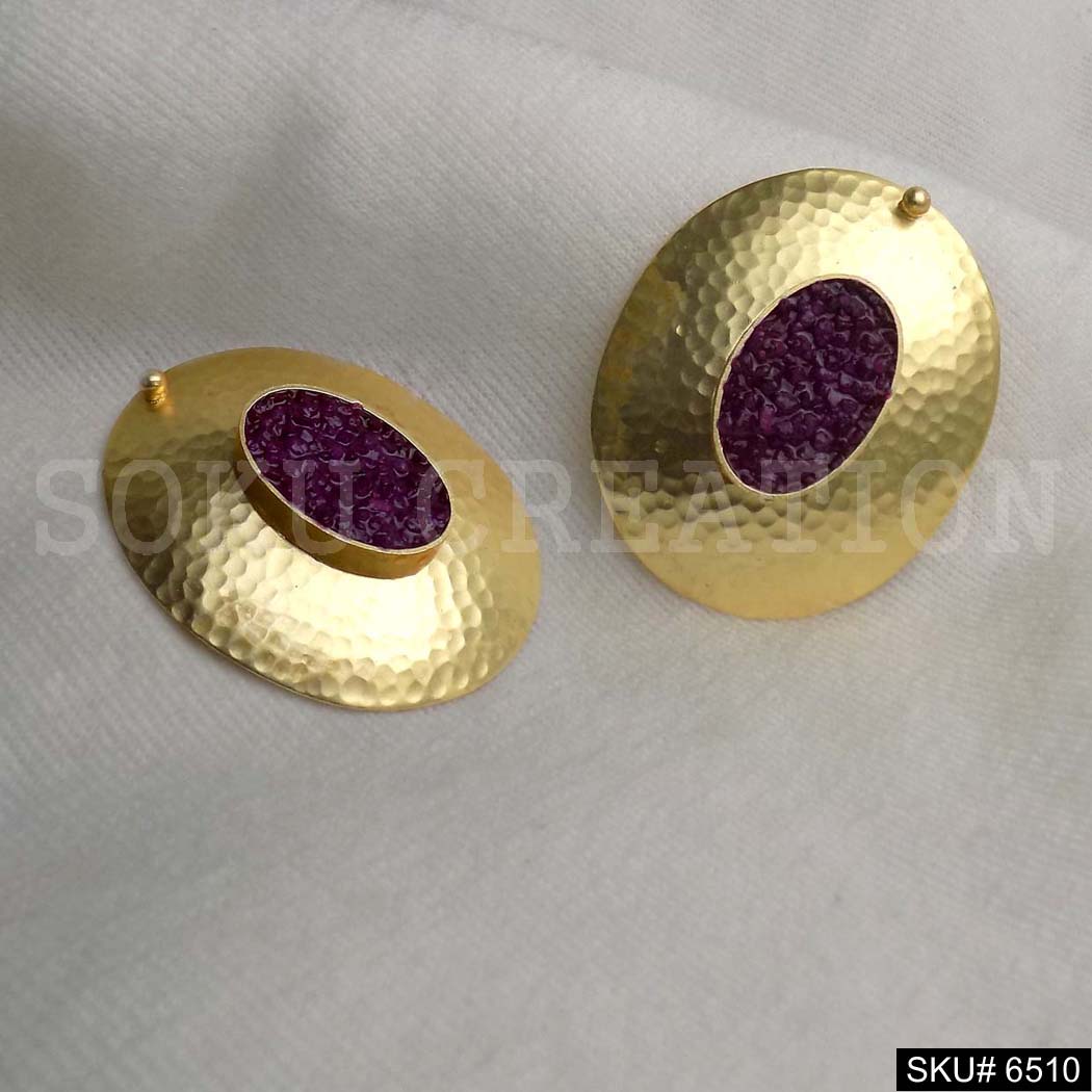 Gold plated Statement Rounded Pink Stone Big Stud Earrings SKU6510