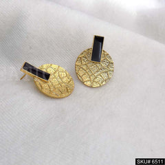 Gold plated Statement Rounded Black Enamel Stone Big Stud Earrings SKU6511