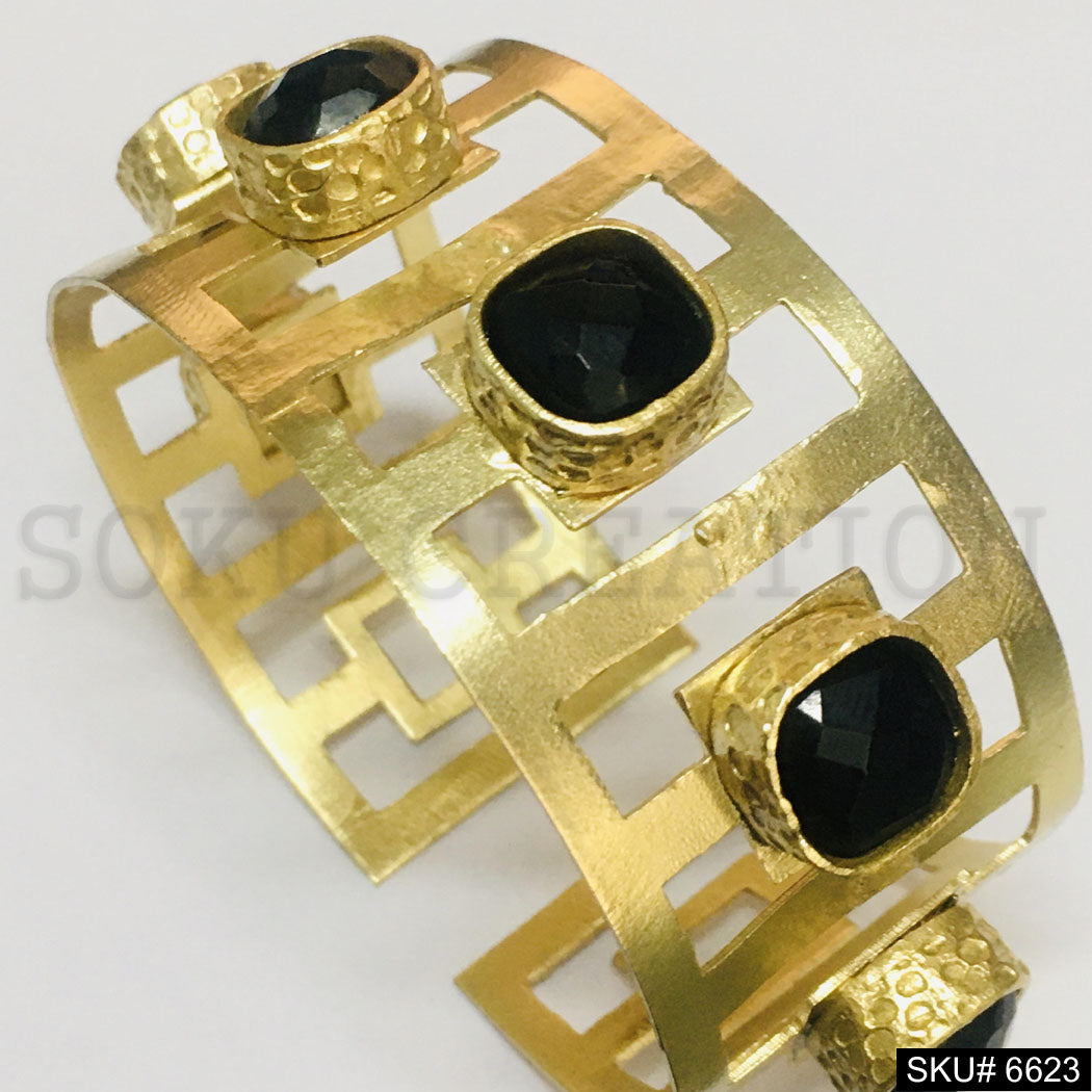 Gold Plated Statement Plain With Gemstone Handmade Design of Cuff SKU6623