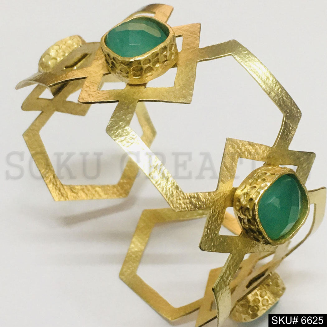 Gold Plated Statement Plain With Green Gemstone Handmade Design of Cuff SKU6625