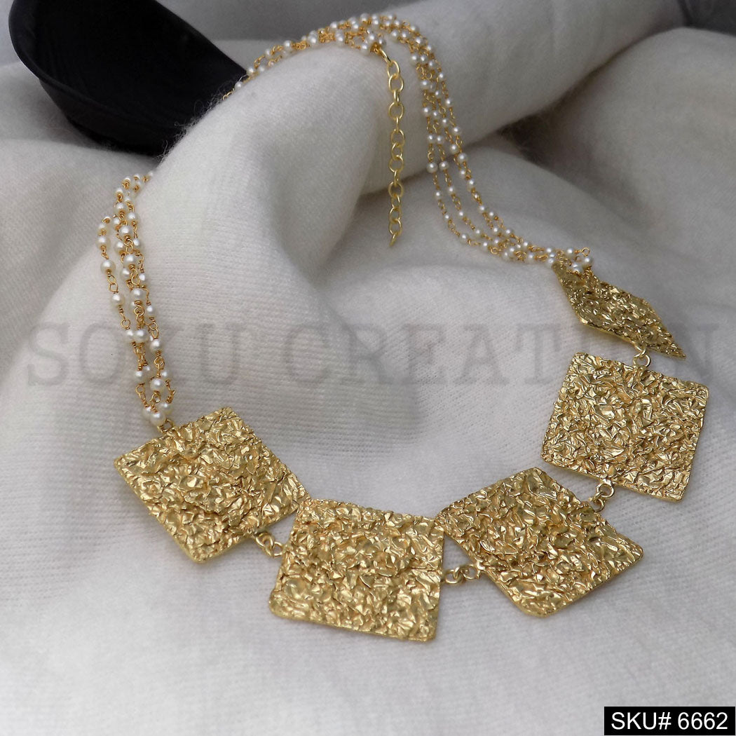 Gold Plated Hammered Square Statement Necklace SKU6662