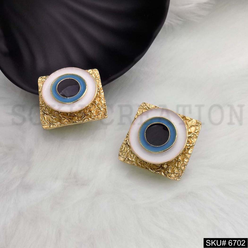 Gold plated Designer Hammered Square Evil Eye Big Stud Earrings SKU6702