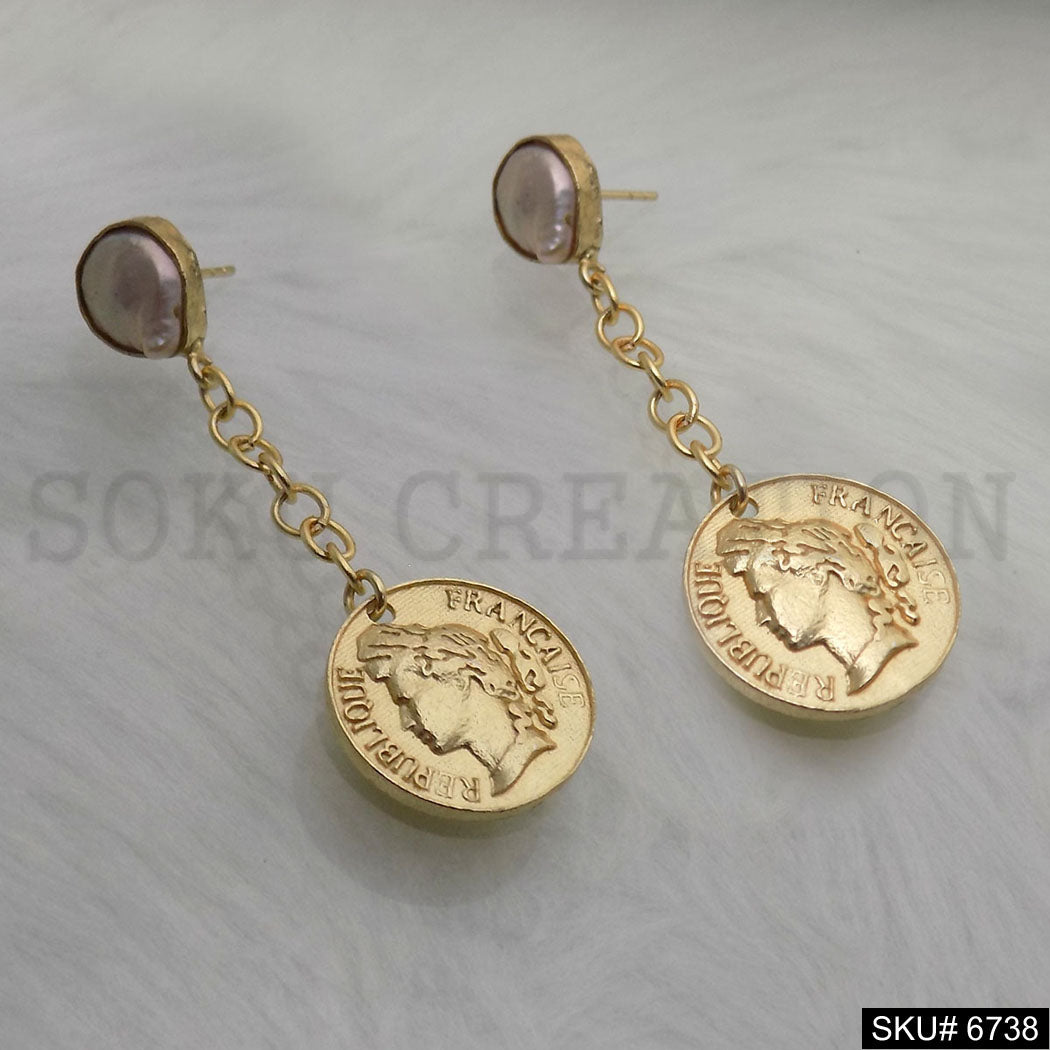 Gold Plated Chain With Pearl Handmade Vintage Coin Drop and Dangle Earrings SKU6738