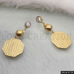 Gold Plated Hexagon with Pearl Handmade Drop and Dangle Earrings SKU6739