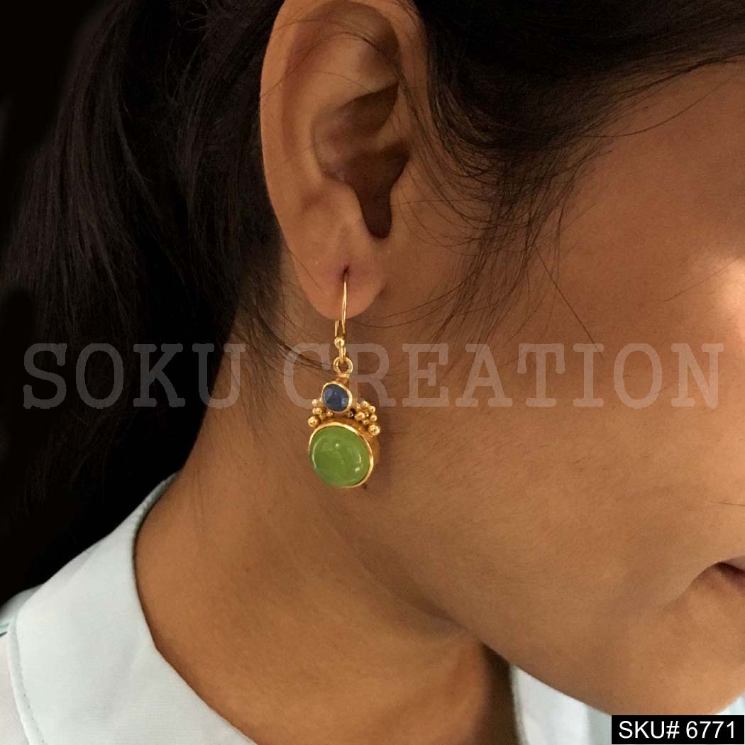 Gold Plated Green and Grey Gemstone Ear Wire Earrings SKU6771