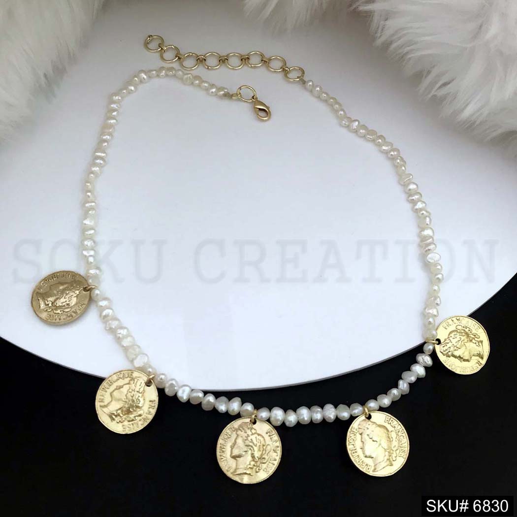 Vintage style coins Necklace With Pearl Beads SKU6830