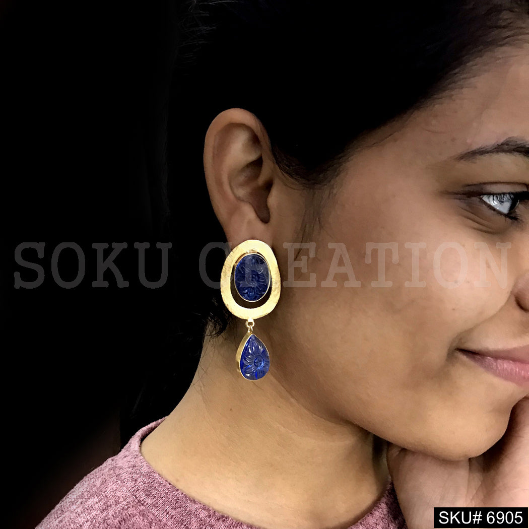 Gold plated Drop and Dangle Blue gemstone Design Earring SKU6905