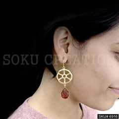Gold plated Ear Wire Carved Brown stone shape Wheel Design Earring SKU6916