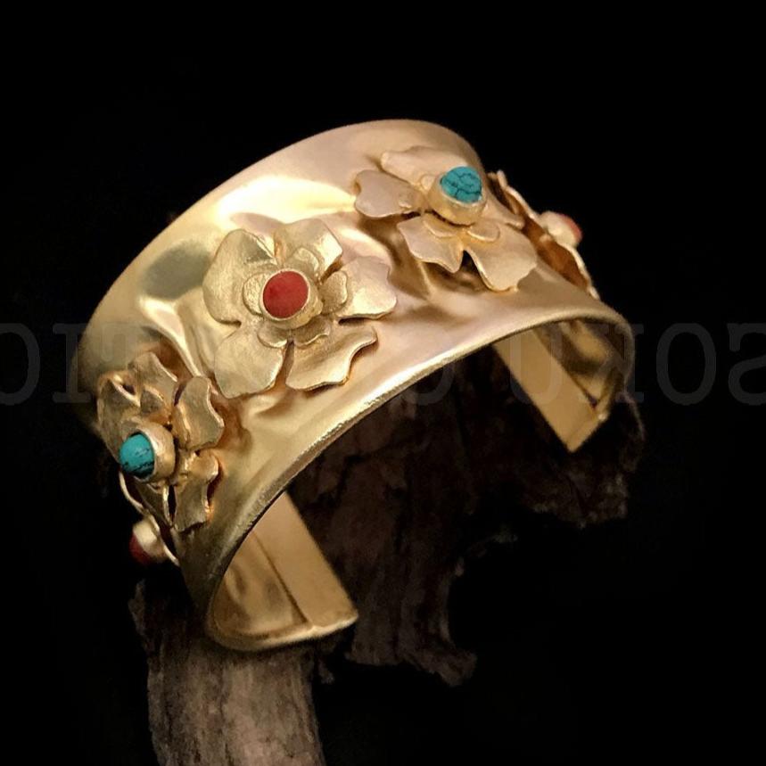 Gold Plated Flower With Turquoise and Red Stone Design of Cuff SKU6975