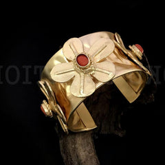 Gold Plated Flower With Red Stone Design of Cuff SKU6977